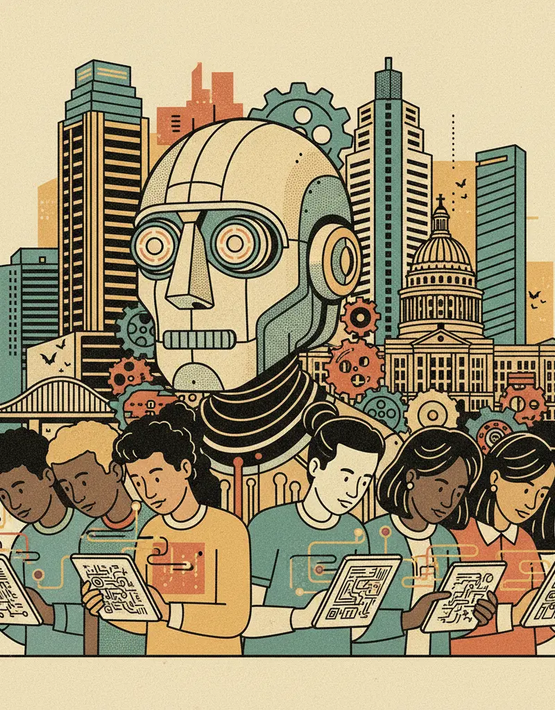 Editorial illustration: AUSTIN ISD ASKS STUDENTS TO PLEASE THINK OF THE ALGORITHMS