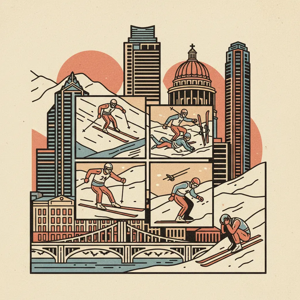 Editorial illustration: TEAM USA'S SKI RELAY: A TRAGEDY IN FOUR ACTS