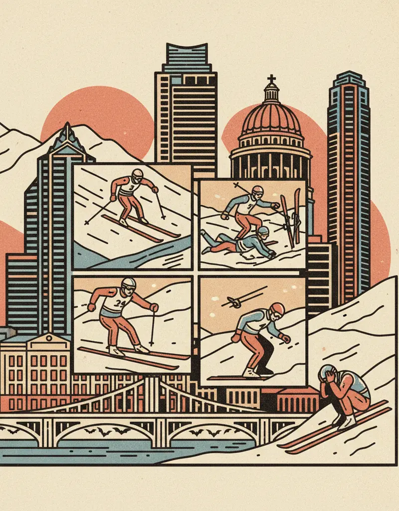 Editorial illustration: TEAM USA'S SKI RELAY: A TRAGEDY IN FOUR ACTS