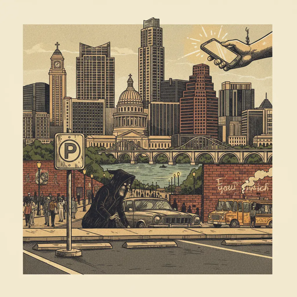 Editorial illustration: BUDA POLICE OFFER DESIGNATED PARKING SPOT TO AVOID CRAIGSLIST KILLERS