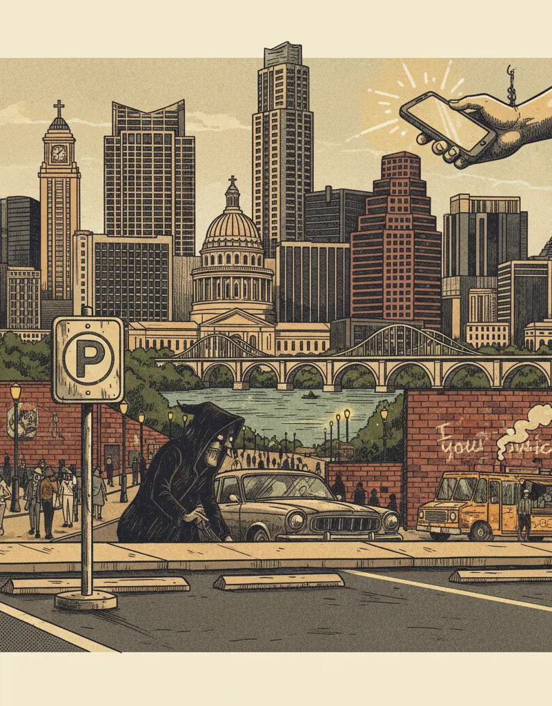 Editorial illustration: BUDA POLICE OFFER DESIGNATED PARKING SPOT TO AVOID CRAIGSLIST KILLERS
