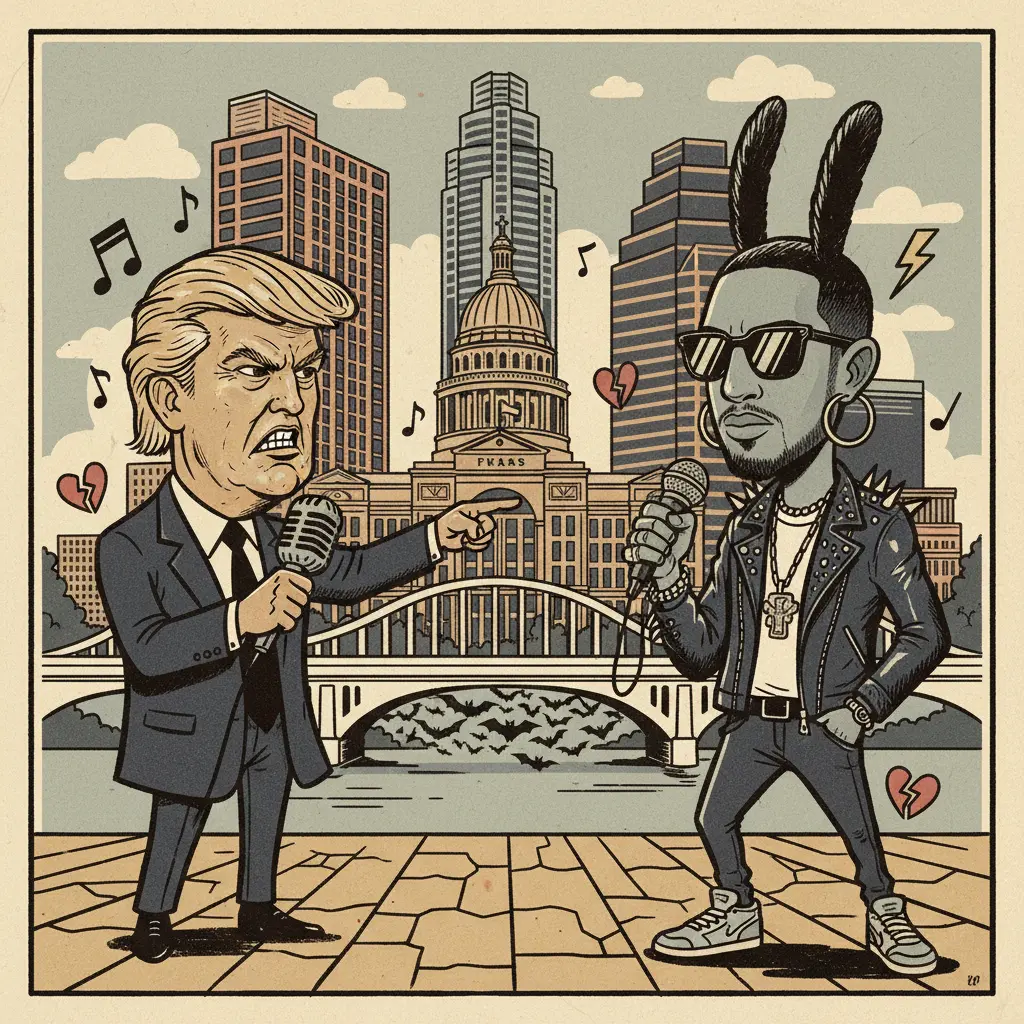 Editorial illustration: TRUMP'S CULTURE WAR AGAINST BAD BUNNY CONTINUES