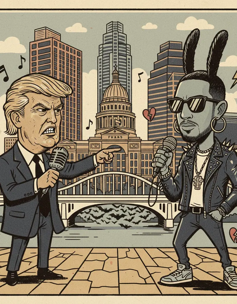 Editorial illustration: TRUMP'S CULTURE WAR AGAINST BAD BUNNY CONTINUES