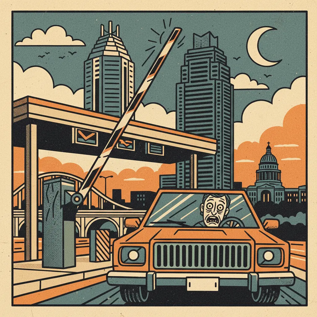 Editorial illustration: SUBURBAN NIGHTMARE: TRAPPED BEHIND A TOLL BOOTH