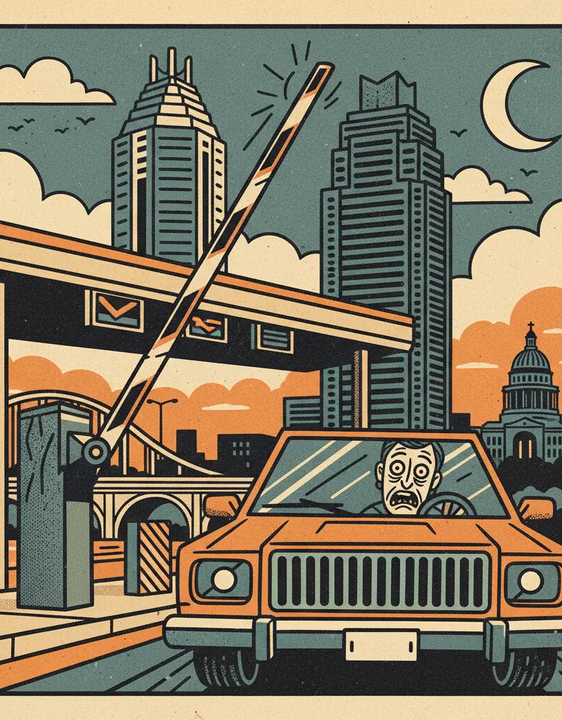 Editorial illustration: SUBURBAN NIGHTMARE: TRAPPED BEHIND A TOLL BOOTH