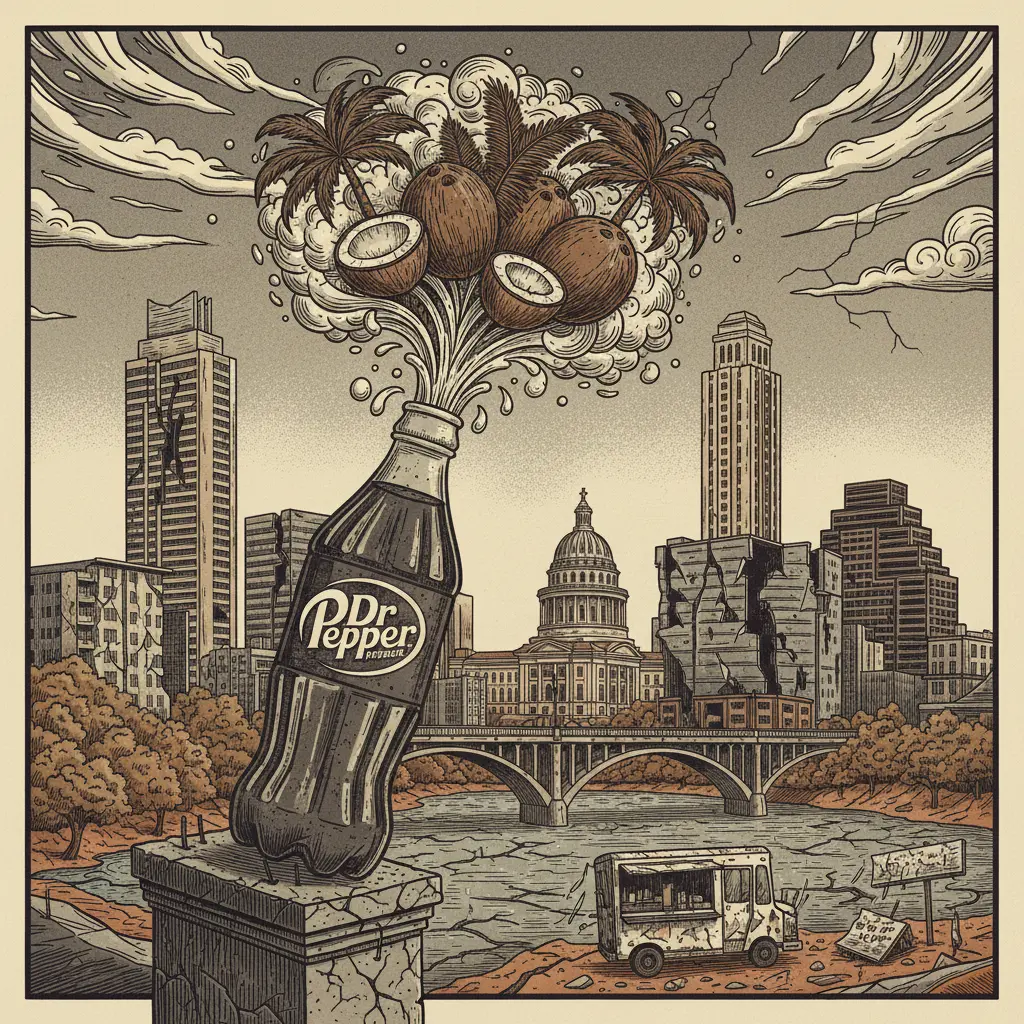 Editorial illustration: DR PEPPER IS BRINGING BACK COCONUT FLAVOR BECAUSE THE APOCALYPSE ISN'T QUITE PUNCHY ENOUGH
