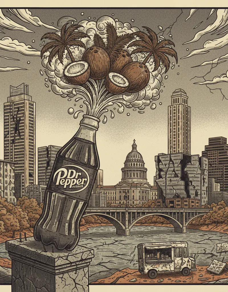 Editorial illustration: DR PEPPER IS BRINGING BACK COCONUT FLAVOR BECAUSE THE APOCALYPSE ISN'T QUITE PUNCHY ENOUGH