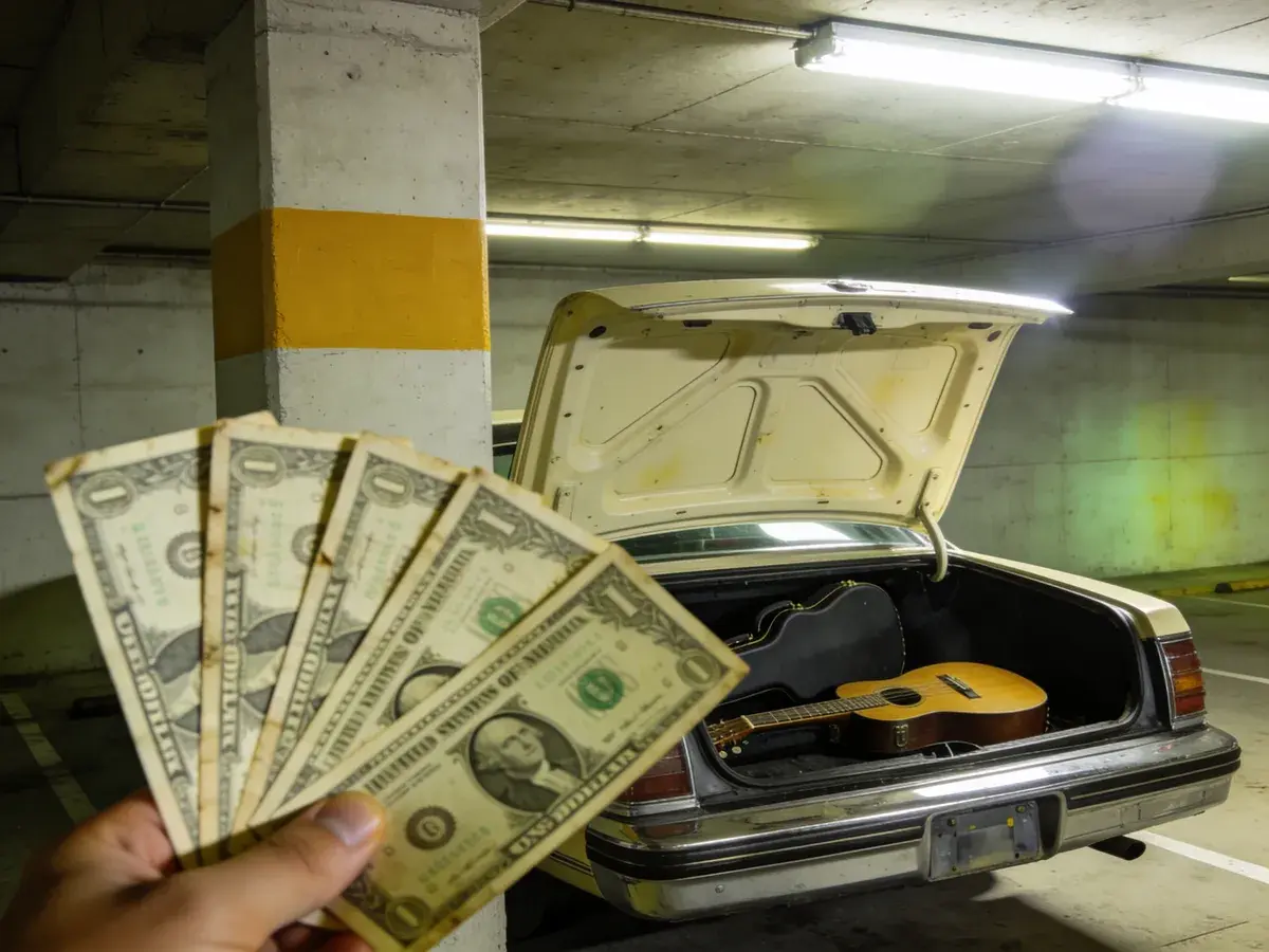 Editorial illustration: DOWNTOWN PARKING: MUSICIANS GET A FLAT $5 PARK & PLAY RATE