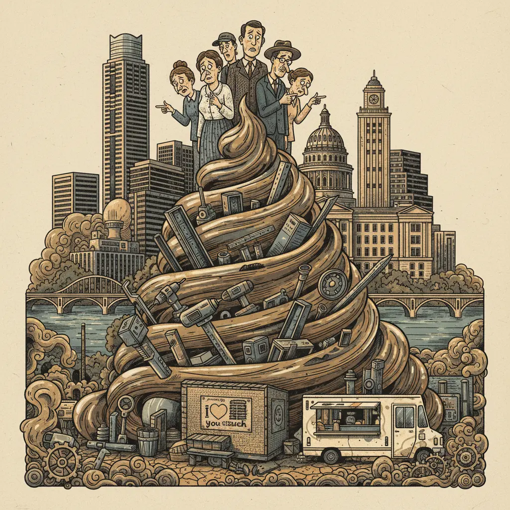 Editorial illustration: ELGIN RESIDENTS DISCOVER THAT 'PROGRESS' IS JUST SHINIER POOP