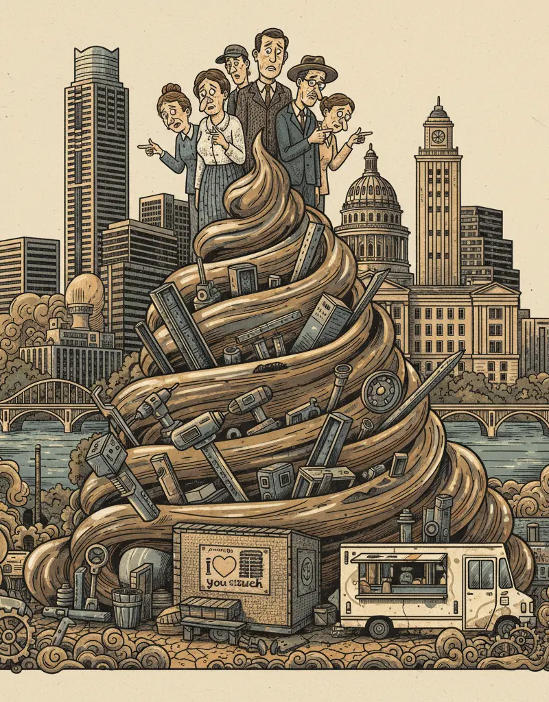 Editorial illustration: ELGIN RESIDENTS DISCOVER THAT 'PROGRESS' IS JUST SHINIER POOP
