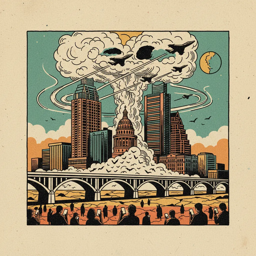 Editorial illustration: SUPER BOWL FLYOVER: JUST ANOTHER DISTRACTION FROM THE IMPENDING APOCALYPSE