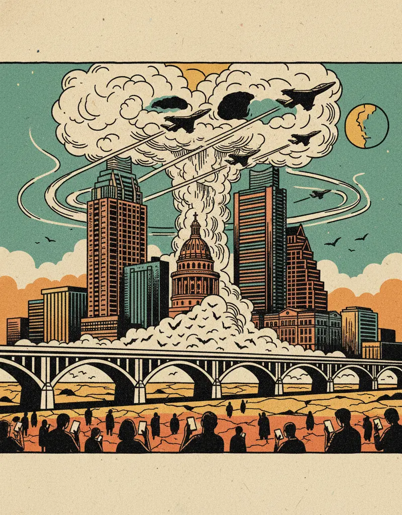 Editorial illustration: SUPER BOWL FLYOVER: JUST ANOTHER DISTRACTION FROM THE IMPENDING APOCALYPSE