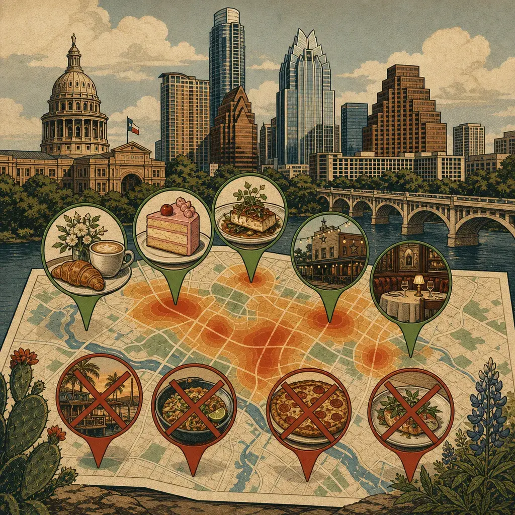 Editorial illustration: BRIEFLY HOPEFUL: EATER AUSTIN HEATMAP ADDS ALICE POULAIN CAFE, SWEET CHARLI GIRL, CUI, HOWDY'S, AND THE REVAMPED DRISKILL GRILL; PULLS TWIN ISLE, KIIN DI, SMALL'S PIZZA, KAPPO KAPPO