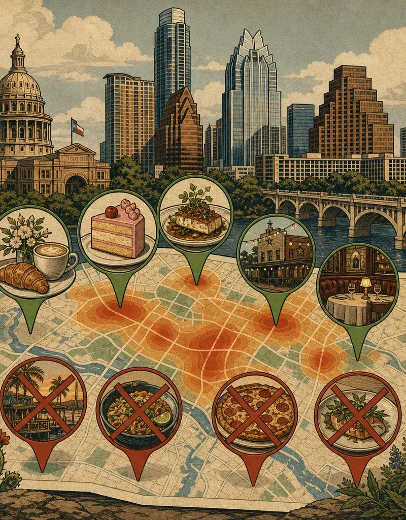 Editorial illustration: BRIEFLY HOPEFUL: EATER AUSTIN HEATMAP ADDS ALICE POULAIN CAFE, SWEET CHARLI GIRL, CUI, HOWDY'S, AND THE REVAMPED DRISKILL GRILL; PULLS TWIN ISLE, KIIN DI, SMALL'S PIZZA, KAPPO KAPPO