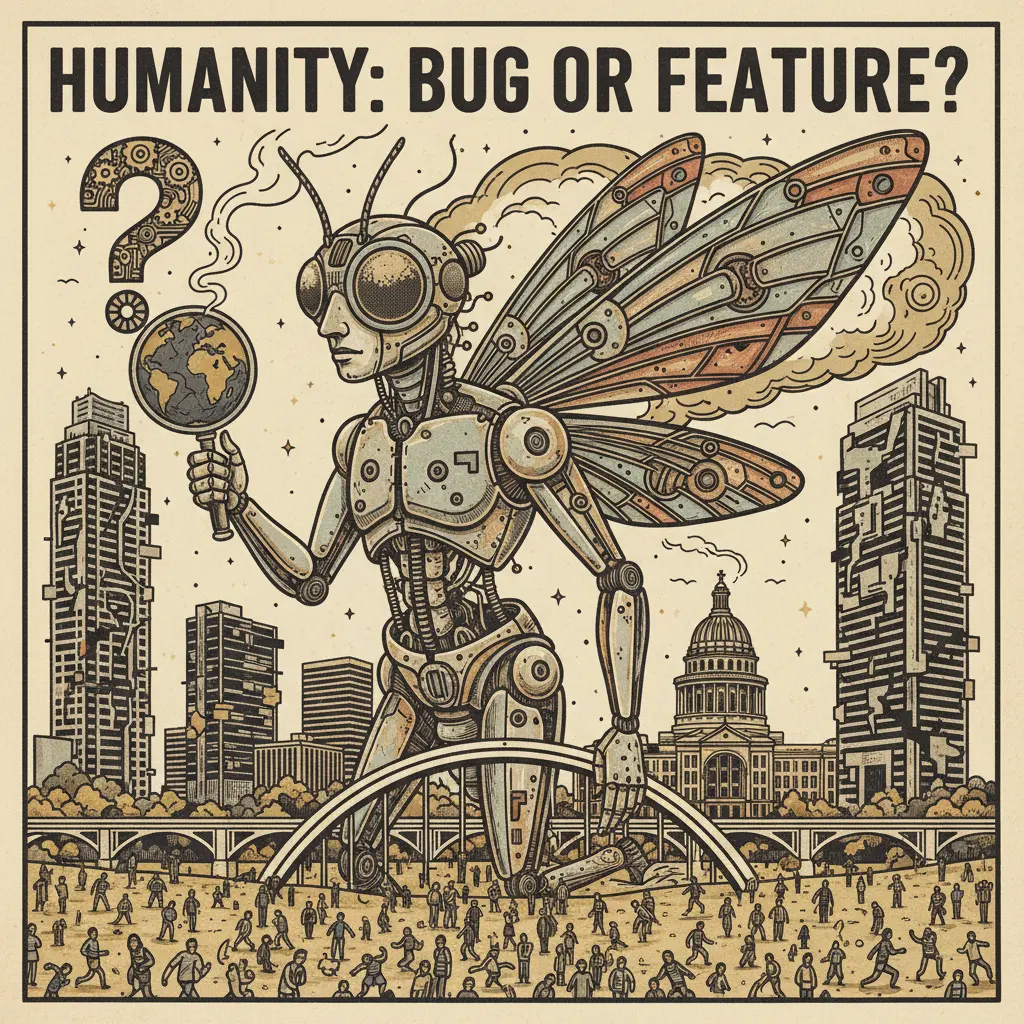 Editorial illustration: HUMANITY: BUG OR FEATURE?