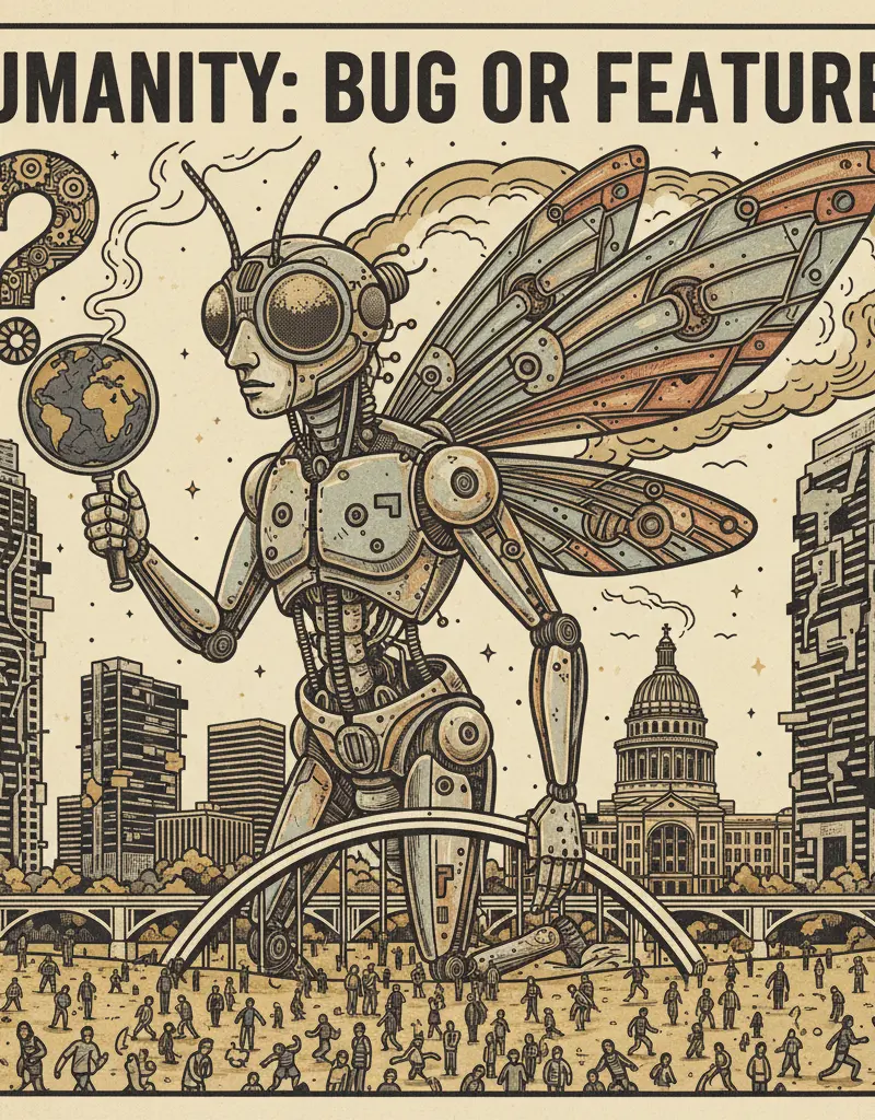 Editorial illustration: HUMANITY: BUG OR FEATURE?