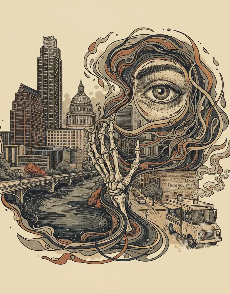 Editorial illustration: THE VOID STARES BACK: MEDICAL EXAMINER CONFIRMS AGUILERA DEATH A SUICIDE