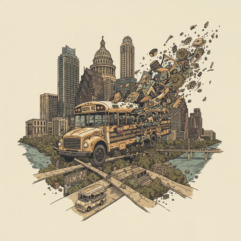 Editorial illustration: ANOTHER DAY, ANOTHER REASON TO QUESTION THE FABRIC OF REALITY: AISD BUS EDITION