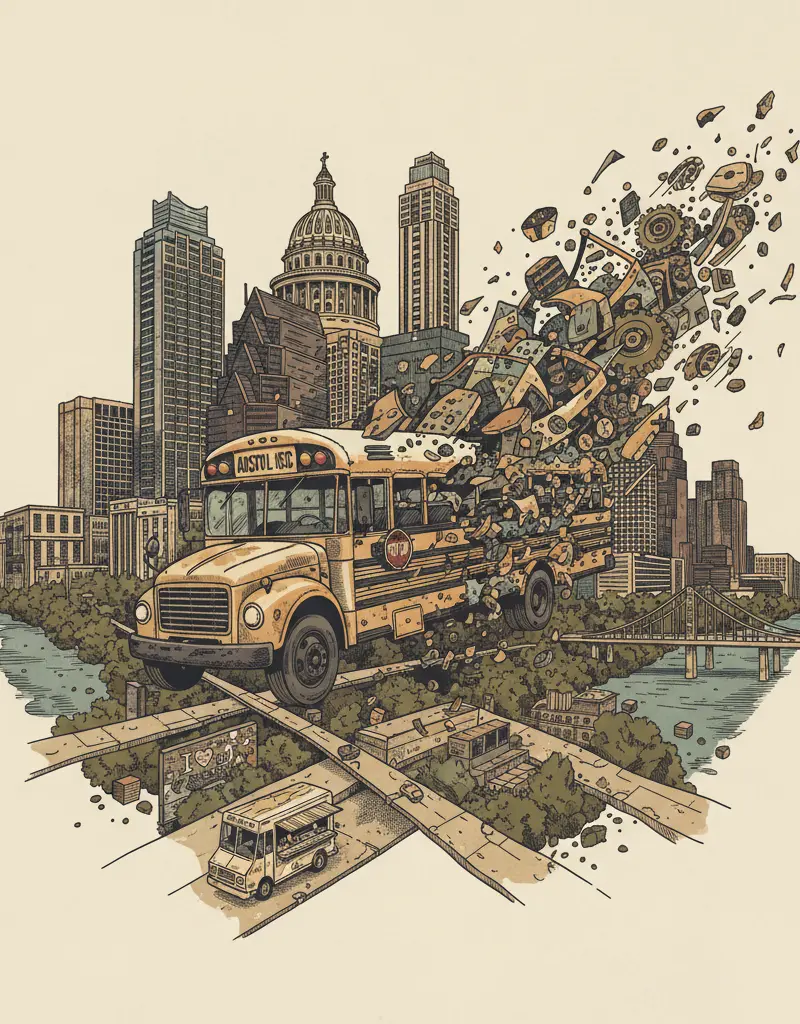 Editorial illustration: ANOTHER DAY, ANOTHER REASON TO QUESTION THE FABRIC OF REALITY: AISD BUS EDITION