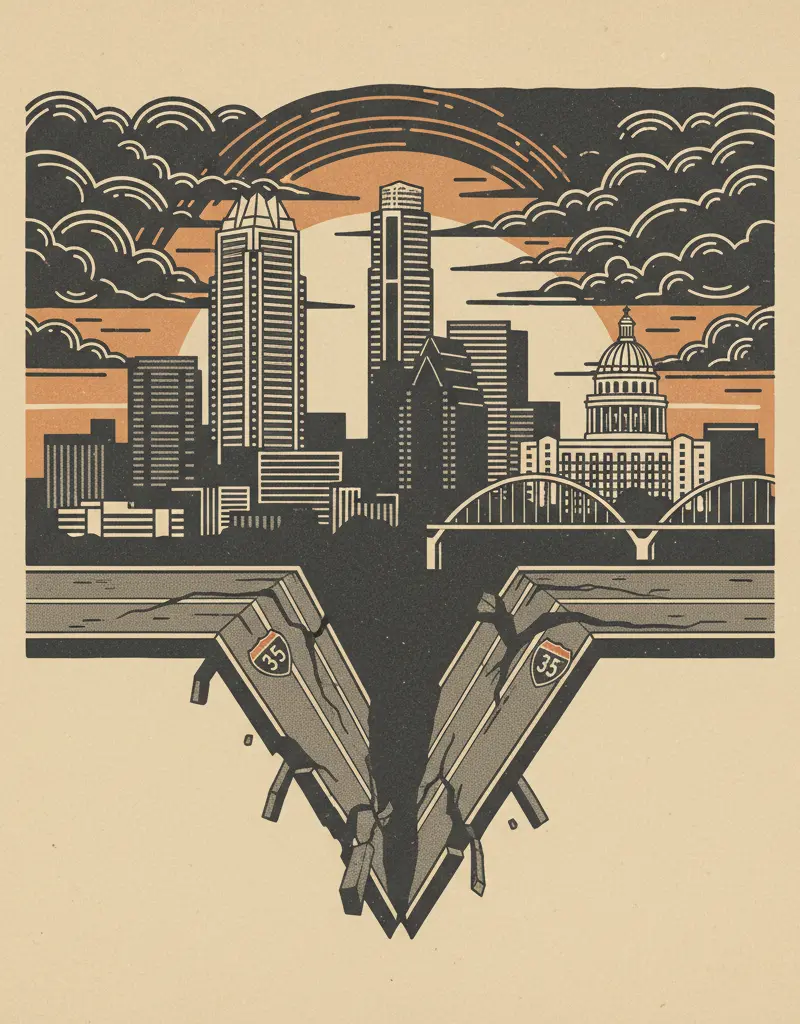 Editorial illustration: I-35 FRONTAGE ROAD CLOSURE: THE END IS NIGH(T)