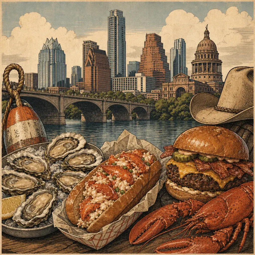 Editorial illustration: AUSTIN OYSTER CO. BRINGS MAINE TO THE EASTSIDE, LOBSTER ROLL AND WAGYU BURGER INCLUDED