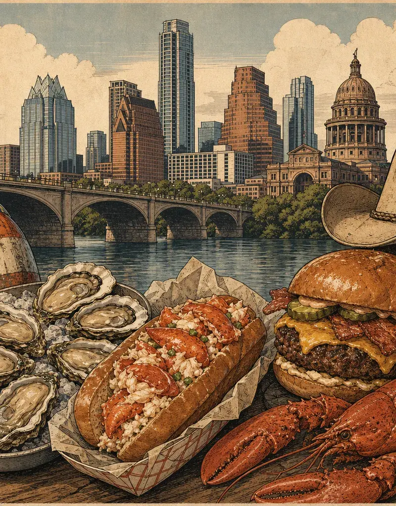 Editorial illustration: AUSTIN OYSTER CO. BRINGS MAINE TO THE EASTSIDE, LOBSTER ROLL AND WAGYU BURGER INCLUDED