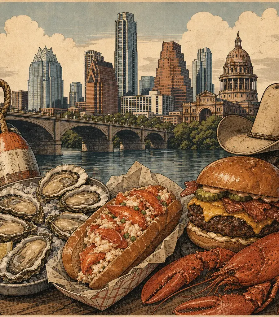 Editorial illustration: AUSTIN OYSTER CO. BRINGS MAINE TO THE EASTSIDE, LOBSTER ROLL AND WAGYU BURGER INCLUDED