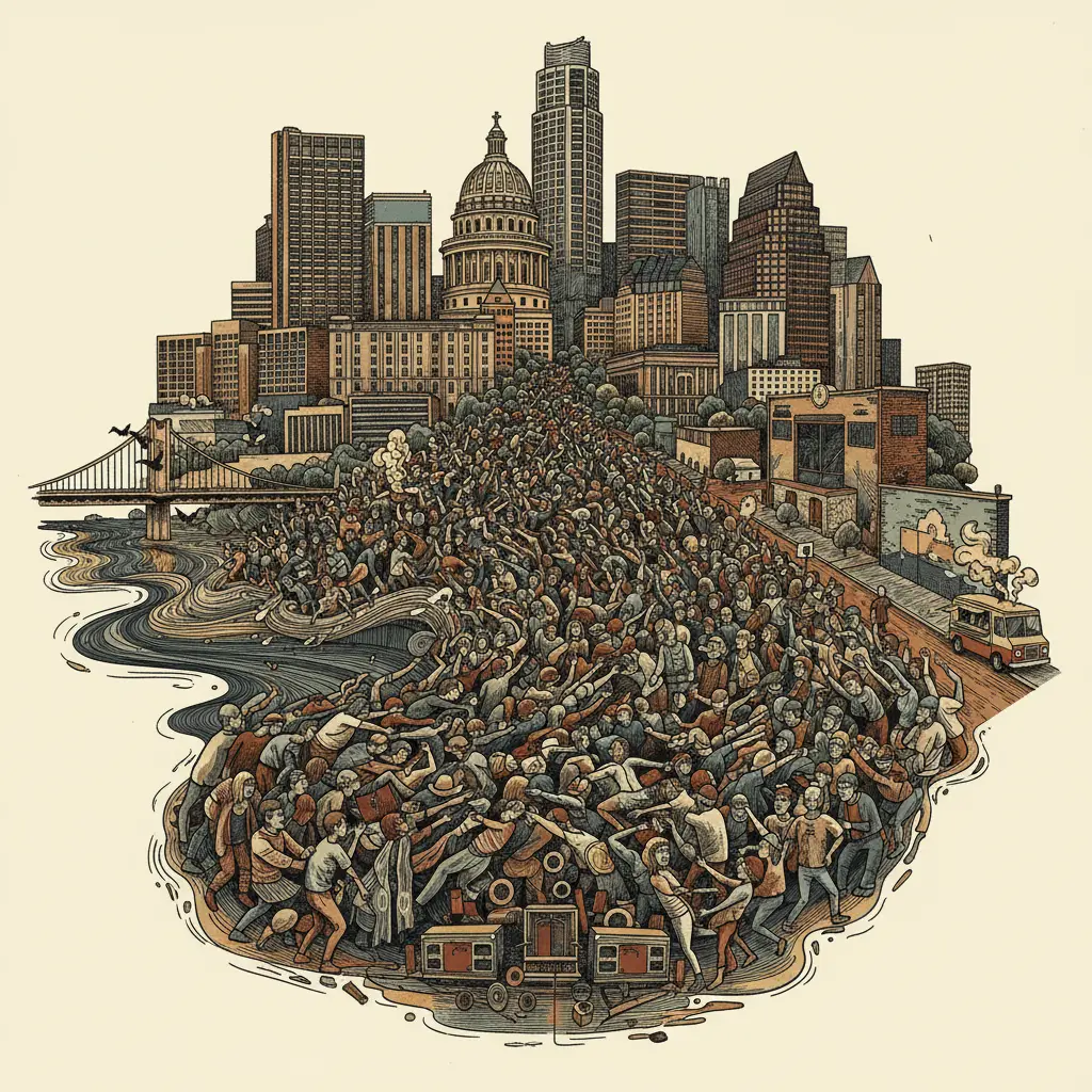 Editorial illustration: BRAVE THE CROWDS FOR THE ILLUSION OF INDEPENDENCE: FREE SXSW SHOWS EDITION