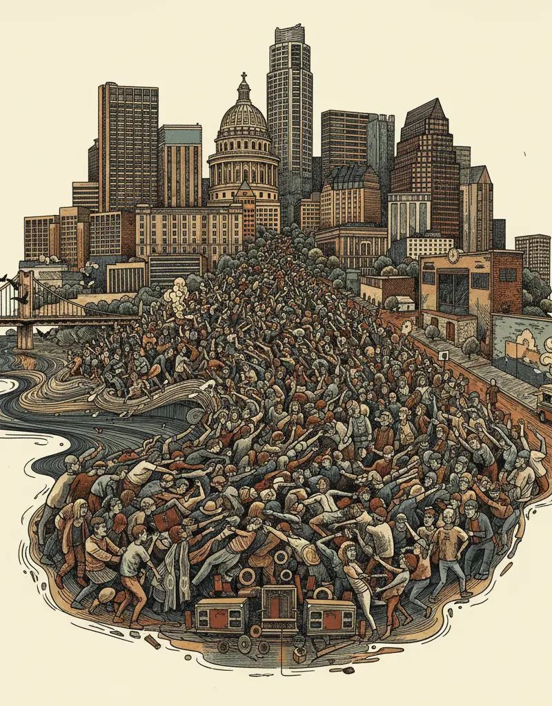 Editorial illustration: BRAVE THE CROWDS FOR THE ILLUSION OF INDEPENDENCE: FREE SXSW SHOWS EDITION