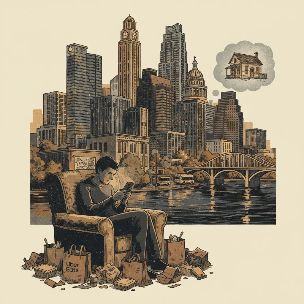Editorial illustration: WATCH YOUR DREAMS OF HOMEOWNERSHIP GET FURTHER AWAY WHILE YOU ORDER UBEREATS
