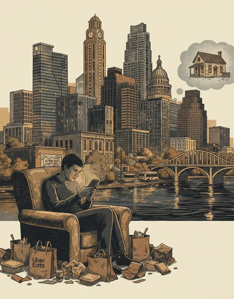 Editorial illustration: WATCH YOUR DREAMS OF HOMEOWNERSHIP GET FURTHER AWAY WHILE YOU ORDER UBEREATS