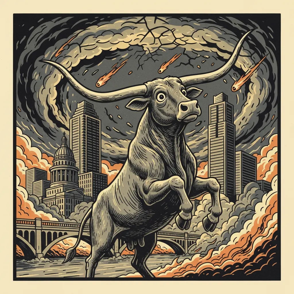 Editorial illustration: LONGHORNS BRIEFLY DISTRACT FROM ONGOING APOCALYPSE