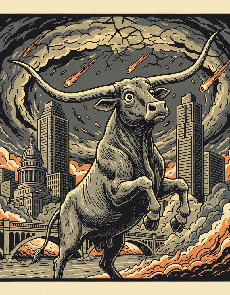 Editorial illustration: LONGHORNS BRIEFLY DISTRACT FROM ONGOING APOCALYPSE