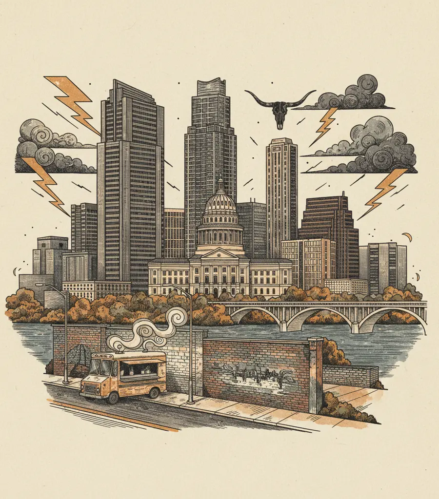 Editorial illustration: TEXAS: OFFICIALLY THE STATE MOST LIKELY TO BE SMITED BY GOD (PROBABLY)