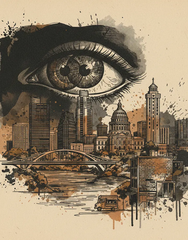 Editorial illustration: THE VOID STARTS TO STARE BACK: MEDICAL EXAMINER CONFIRMS AGUILERA'S DEATH A SUICIDE
