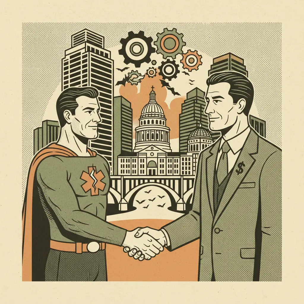 Editorial illustration: AUSTIN: WHERE HEROES GET HANDSHAKES, NOT HEALTHCARE