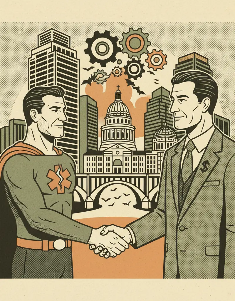 Editorial illustration: AUSTIN: WHERE HEROES GET HANDSHAKES, NOT HEALTHCARE