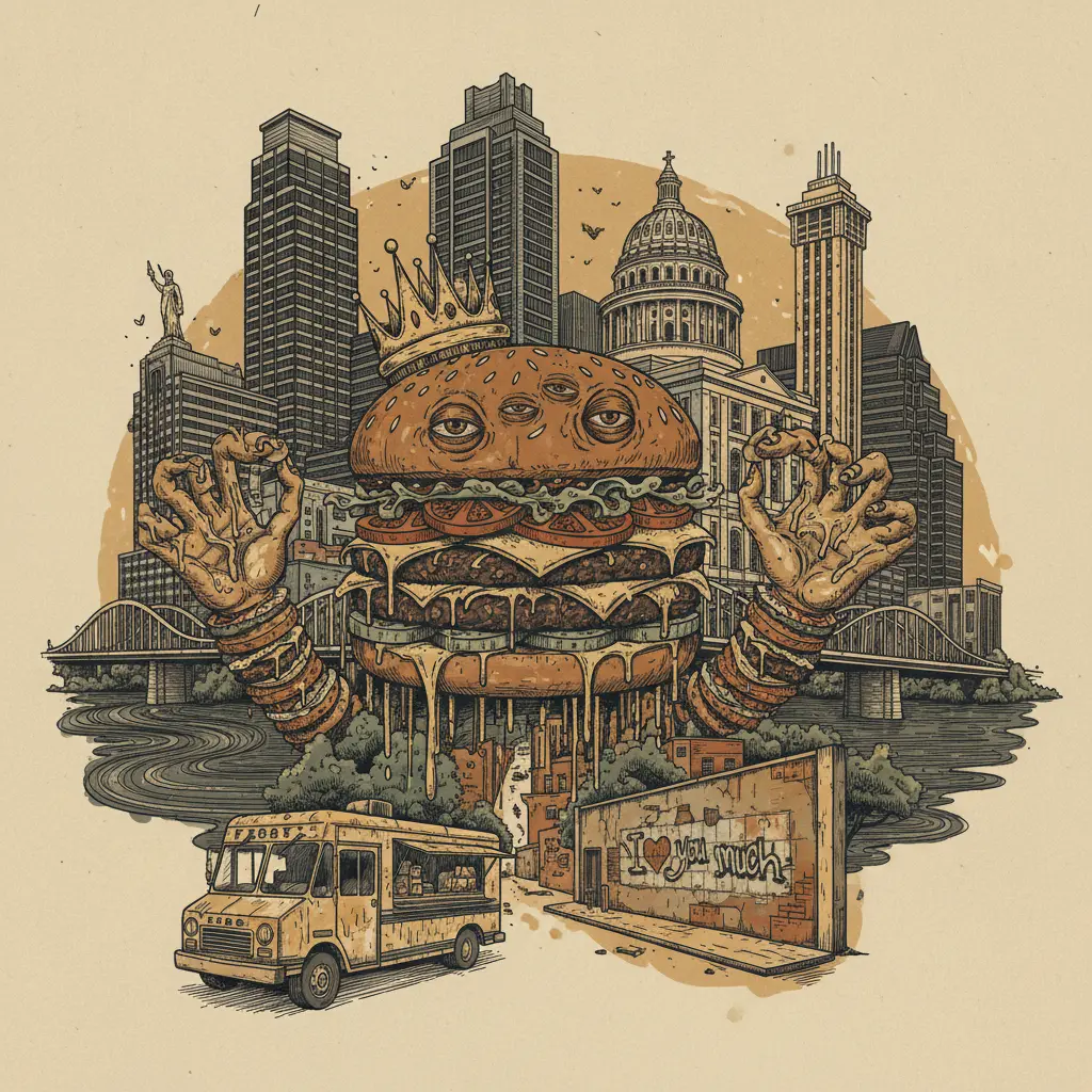 Editorial illustration: P. TERRY'S EXTENDS ITS REIGN OF (GREASY) TERROR. SLEEP IS OVERRATED.