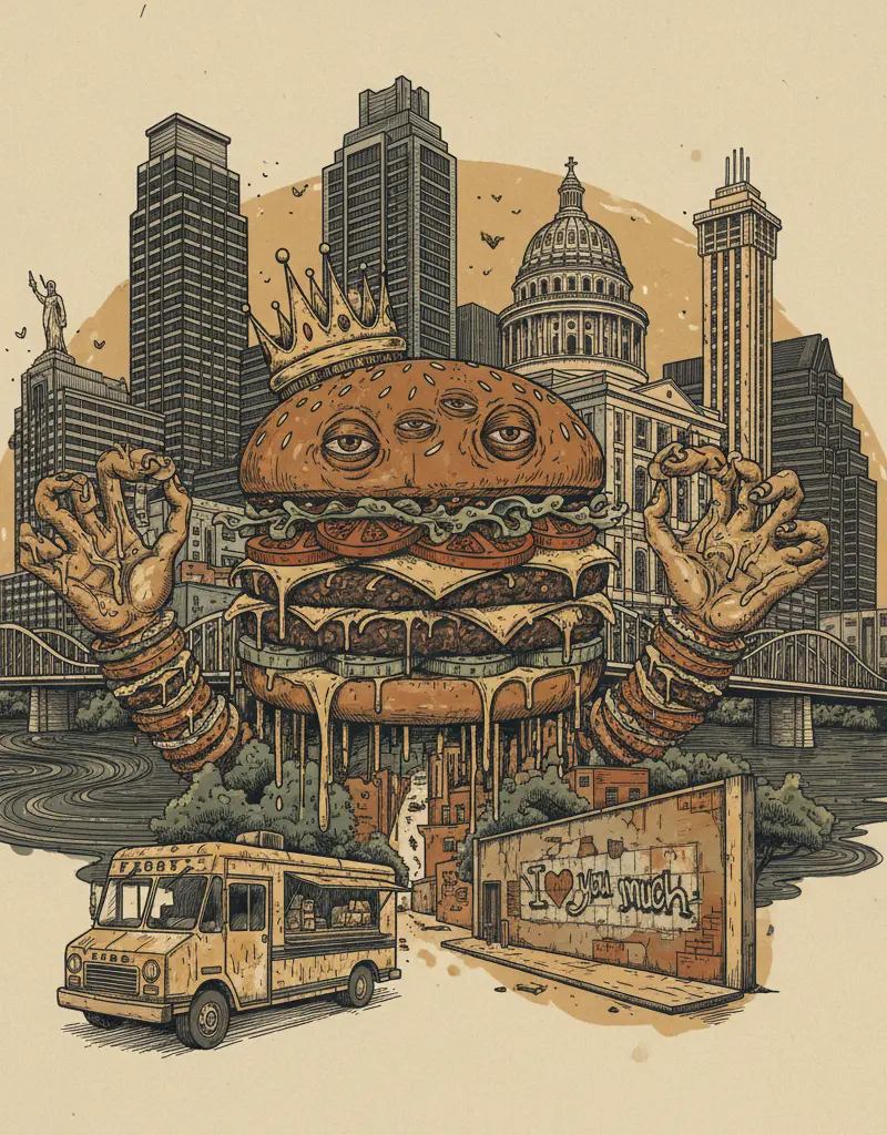 Editorial illustration: P. TERRY'S EXTENDS ITS REIGN OF (GREASY) TERROR. SLEEP IS OVERRATED.