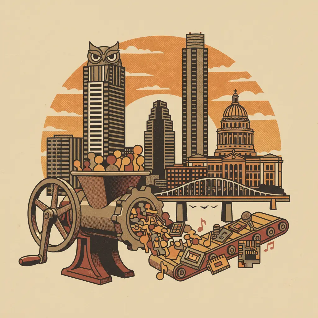 Editorial illustration: SXSW ADDS MORE NAMES TO THE MEAT GRINDER