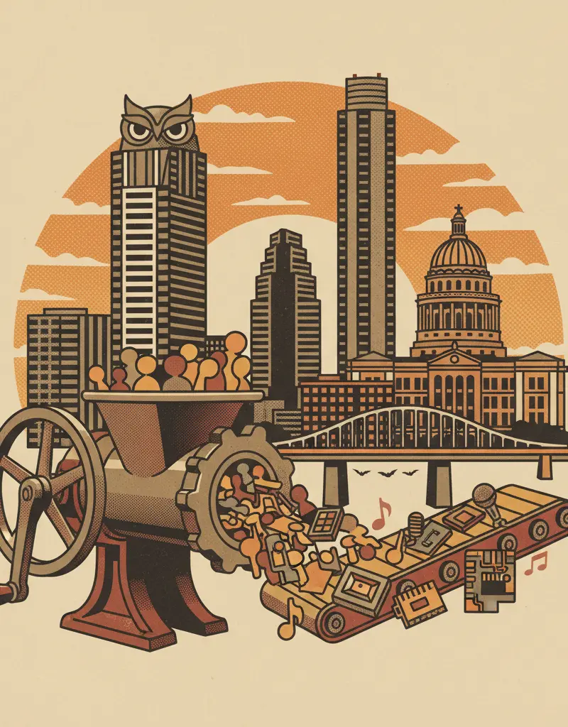 Editorial illustration: SXSW ADDS MORE NAMES TO THE MEAT GRINDER