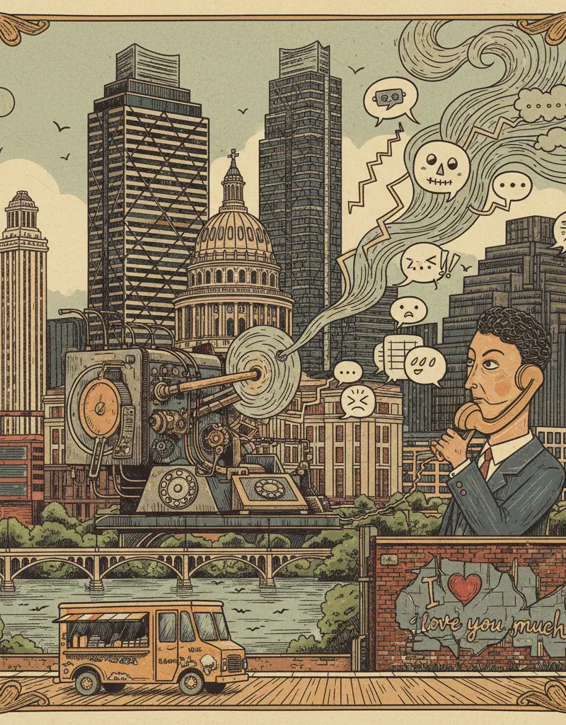 Editorial illustration: SCIENTISTS DISCOVER NEW WAY TO AVOID AWKWARD PHONE CALLS, CALL IT 'PROGRESS'