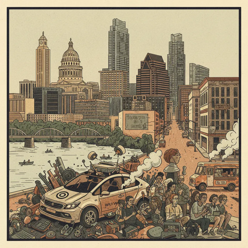 Editorial illustration: WAYMO'S AUTONOMOUS APOCALYPSE DELAYED BY HUMAN ERROR