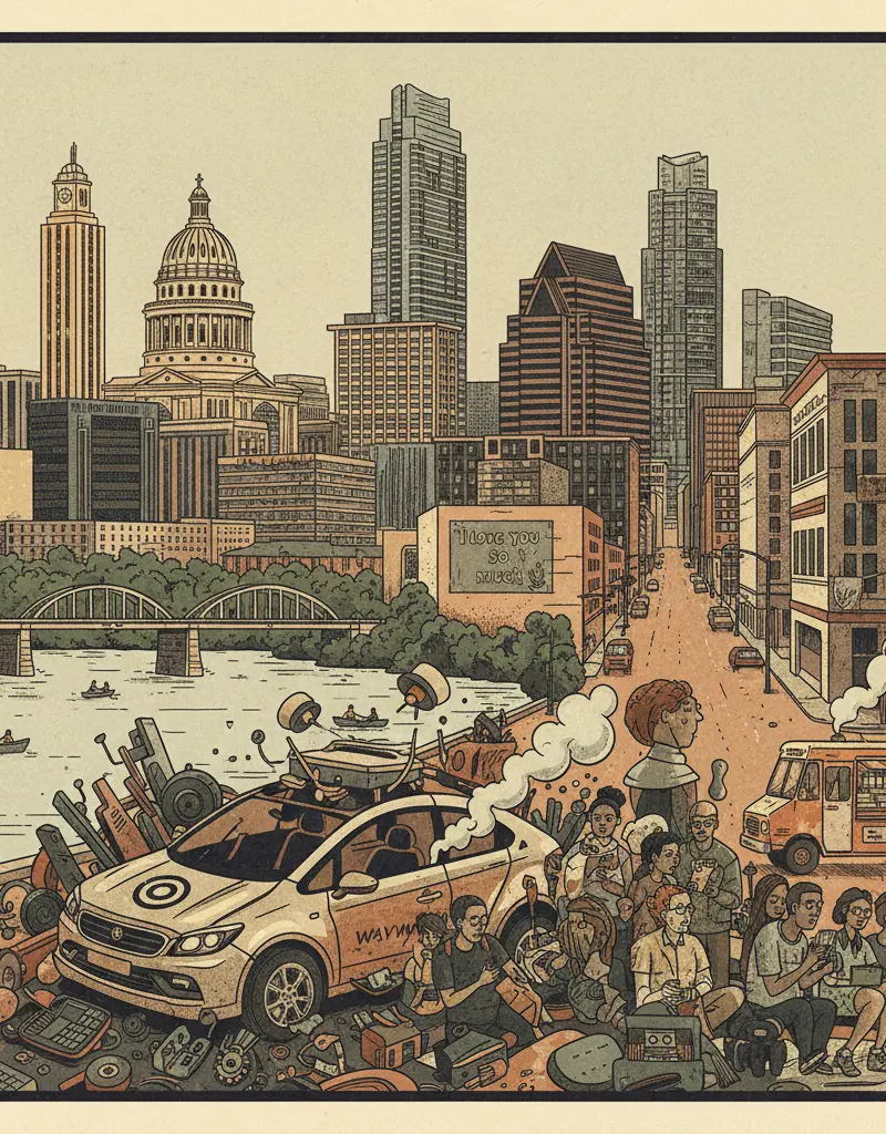 Editorial illustration: WAYMO'S AUTONOMOUS APOCALYPSE DELAYED BY HUMAN ERROR