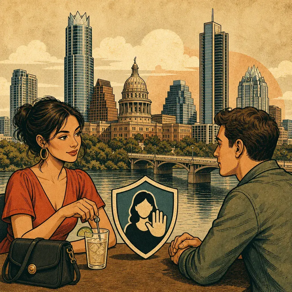 Editorial illustration: A LITTLE EXTRA DEFENSE AGAINST BAD DATES — SIP SAFELY PROGRAM GETS $20,000 IN AUSTIN'S $6.6B BUDGET