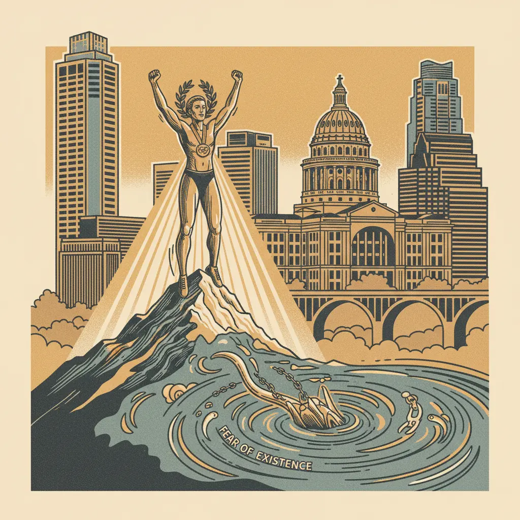 Editorial illustration: OLYMPIC GOLD MEDALIST CONQUERS FEAR OF EXISTENCE