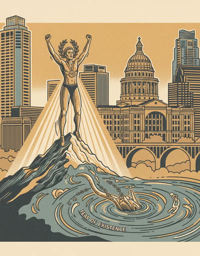 Editorial illustration: OLYMPIC GOLD MEDALIST CONQUERS FEAR OF EXISTENCE