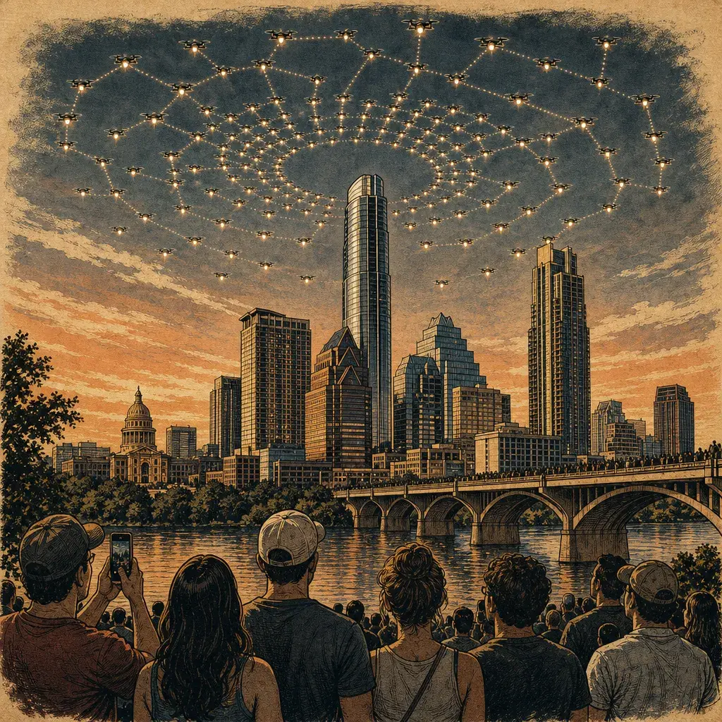 Editorial illustration: WITNESS THE INEVITABLE: 1,200 DRONES FORM ARTIFICIAL CONSTELLATIONS OVER COTA