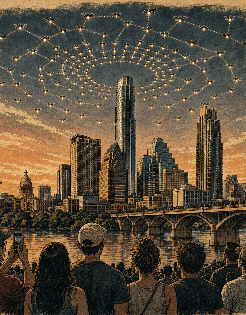 Editorial illustration: WITNESS THE INEVITABLE: 1,200 DRONES FORM ARTIFICIAL CONSTELLATIONS OVER COTA