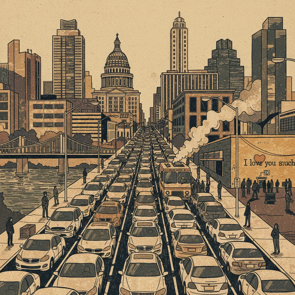 Editorial illustration: PREPARE FOR BURNET ROAD TO BECOME A PARKING LOT WITH OCCASIONAL SIDEWALKS